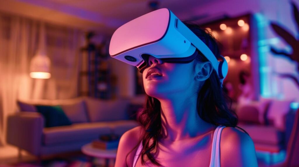 Mulher usando headset de VR futurista em sala moderna, expressão de maravilha e imersão.
