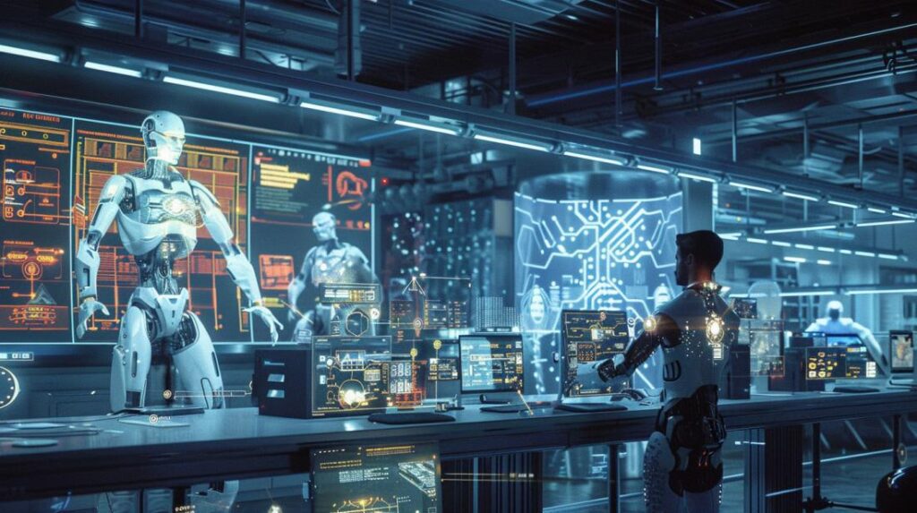 Foto hiper-realista de humanos e robôs colaborando em laboratório de tecnologia avançada, exibindo IA.