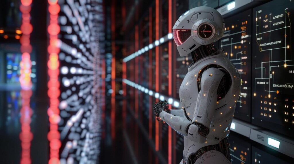 Fotografia hiperrealista de robô IA interagindo com modelo de Aprendizado de Máquina holográfico em laboratório futurista.