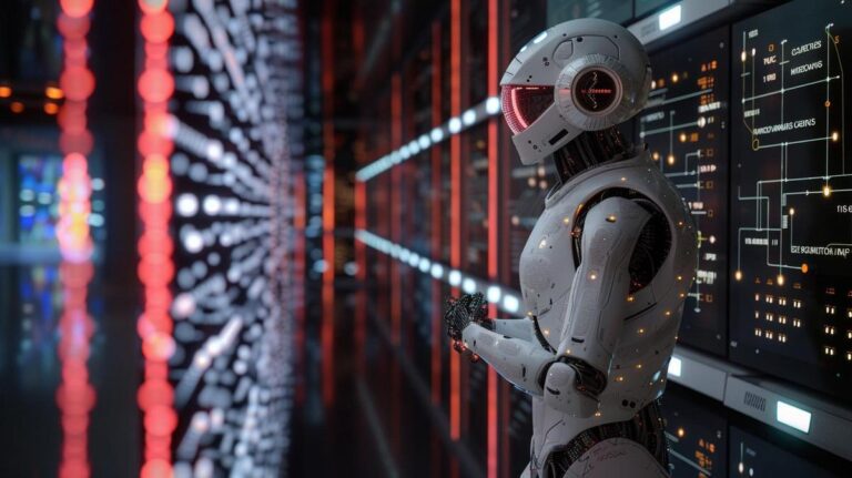 Fotografia hiperrealista de robô IA interagindo com modelo de Aprendizado de Máquina holográfico em laboratório futurista.