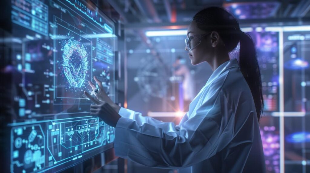 Foto hiper-realista de cientista usando terminal futurista com holograma em laboratório avançado.