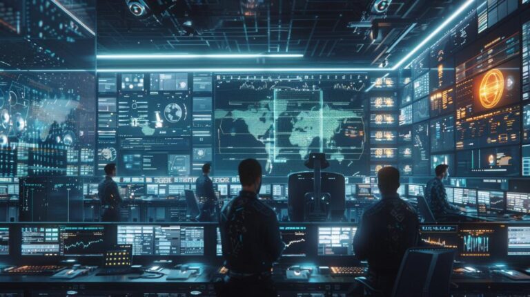 Equipe de cientistas monitora algoritmos de machine learning em sala de controle de alta tecnologia.