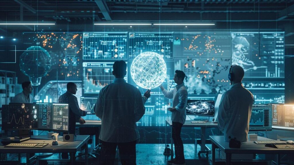 Fotografia hiper-realista de cientistas e engenheiros colaborando em um laboratório de pesquisa de aprendizado de máquina.