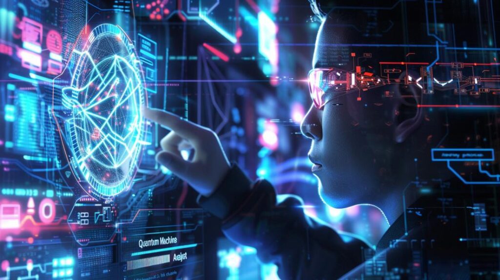 Fotografia hiper-realista de analista de aprendizado quântico trabalhando em laboratório futurista com computadores quânticos.