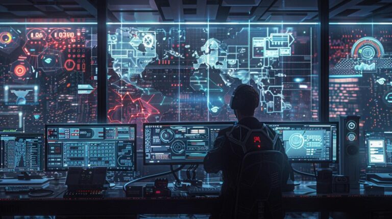 Analista de cibersegurança monitora fluxo de dados em centro de operações com telas holográficas.