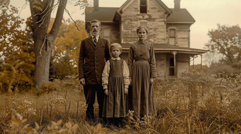 Uma fotografia de família antiga restaurada com clareza e cores vibrantes por inteligência artificial.