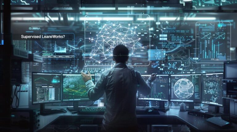 Cientista de dados trabalhando em laboratório moderno, analisando gráficos complexos de aprendizado supervisionado.