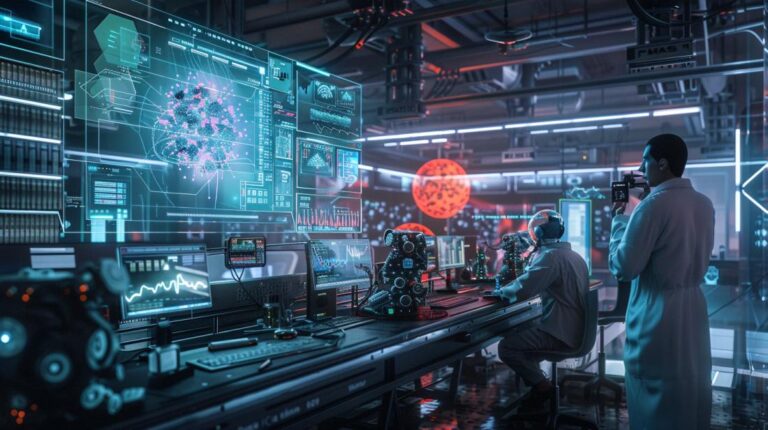 Fotografia hiper-realista de um laboratório futurista destacando áreas principais da Inteligência Artificial.