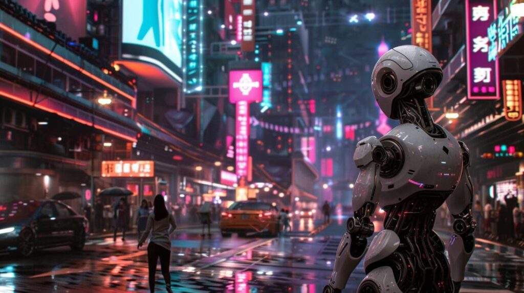 Fotografia futurista mostrando robôs avançados ajudando humanos em uma moderna cidade iluminada por neon.