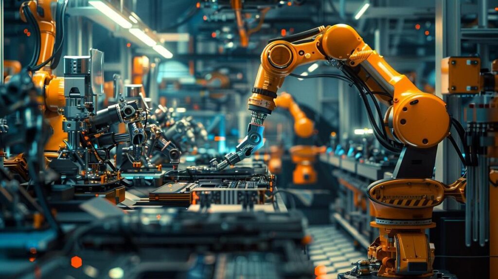 Fotografia hiper-realista de fábrica automatizada com braços robóticos de alta tecnologia em pleno funcionamento.