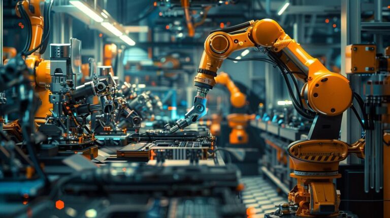 Fotografia hiper-realista de fábrica automatizada com braços robóticos de alta tecnologia em pleno funcionamento.