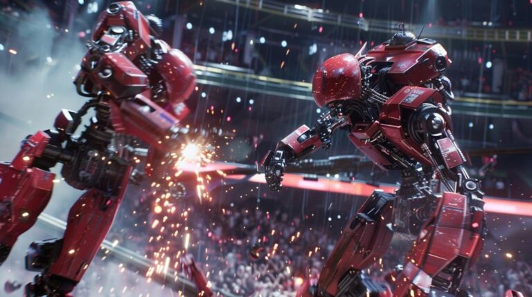 Fotografia hyper-realista de batalha entre robôs avançados em arena futurista com público vibrante.
