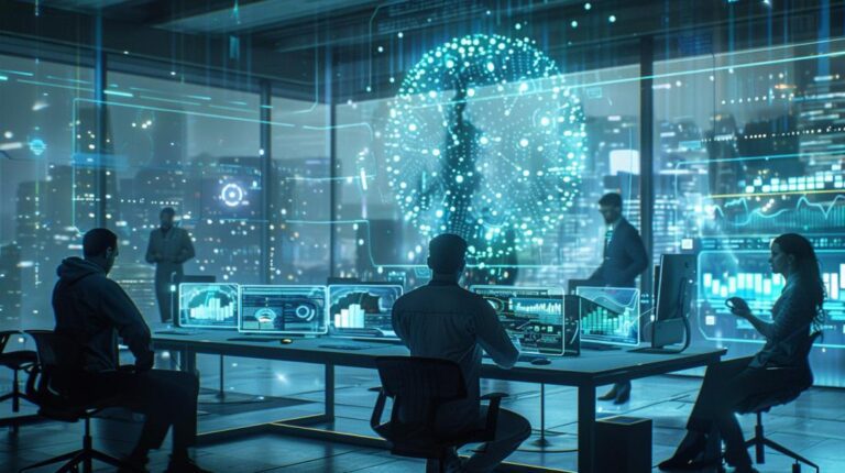 Equipe diversa colaborando em escritório futurista com exibição holográfica detalhada de rede blockchain.