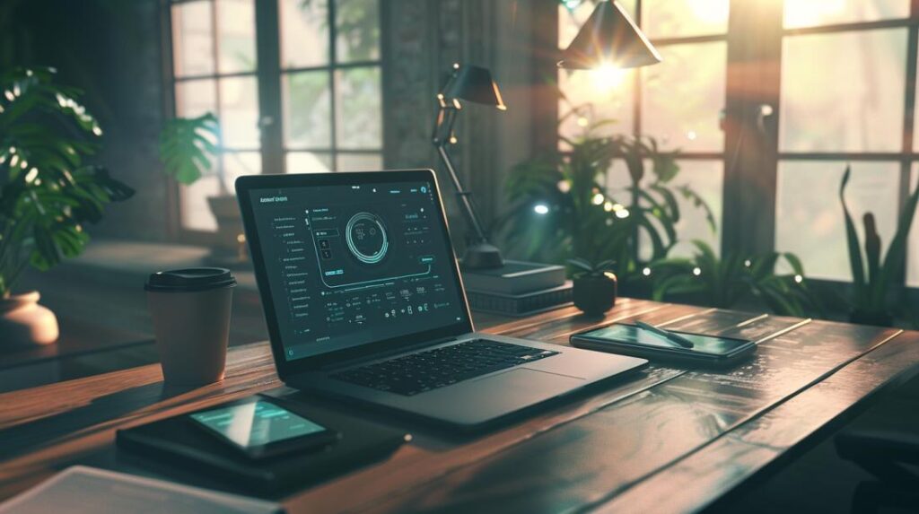 Usuário configurando uma carteira blockchain em escritório moderno, iluminado por luz natural.