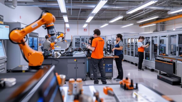 Centro de treinamento em robótica industrial com alunos manipulando braços robóticos avançados.