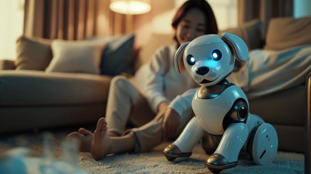 Fotografia hiper-realista de uma sala futurista com um robô-cachorro interagindo com seu dono.