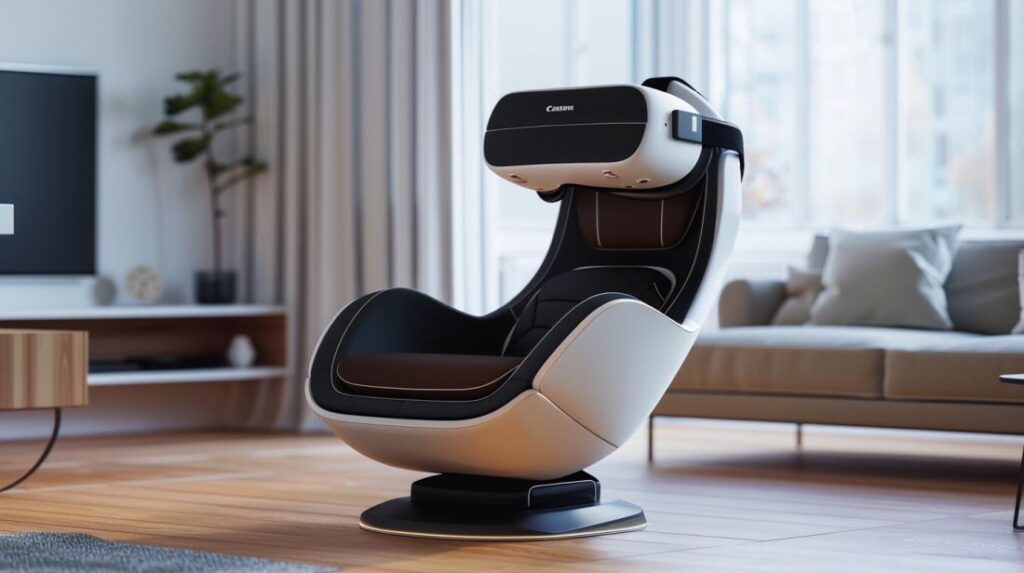 Cadeira de realidade virtual futurista em sala moderna com decoração minimalista e gadgets tecnológicos.