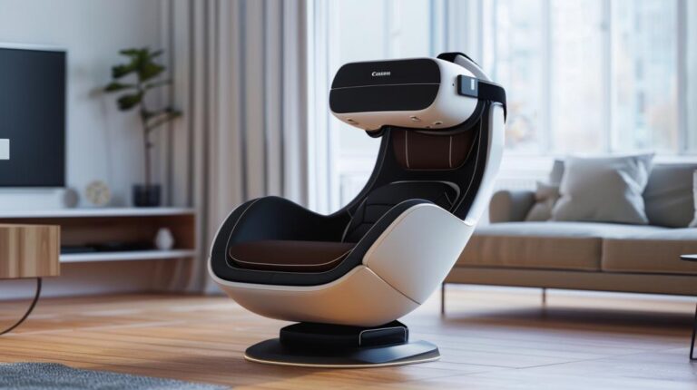 Cadeira de realidade virtual futurista em sala moderna com decoração minimalista e gadgets tecnológicos.