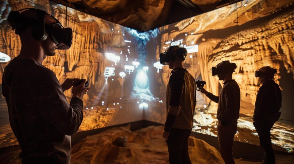 Fotografia hyperrealista de usuários imersos em uma caverna virtual com pinturas pré-históricas.