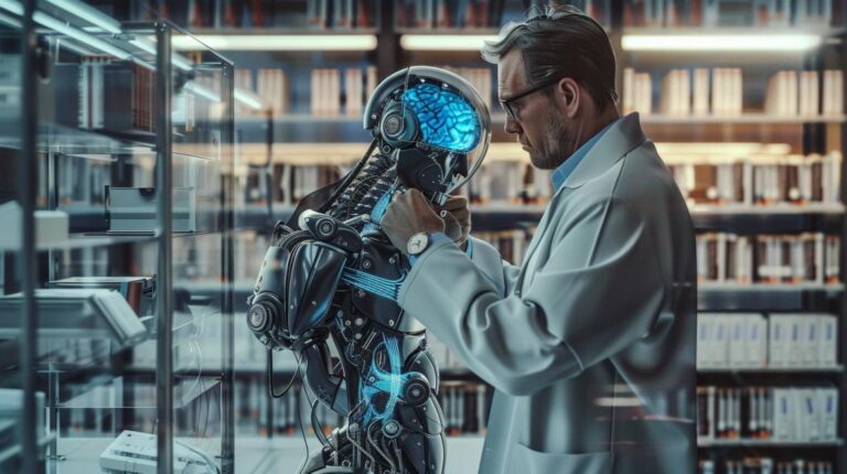 Fotografia hiper-realista de cientista e robô humanoide interagindo em laboratório futurista com tecnologia avançada.