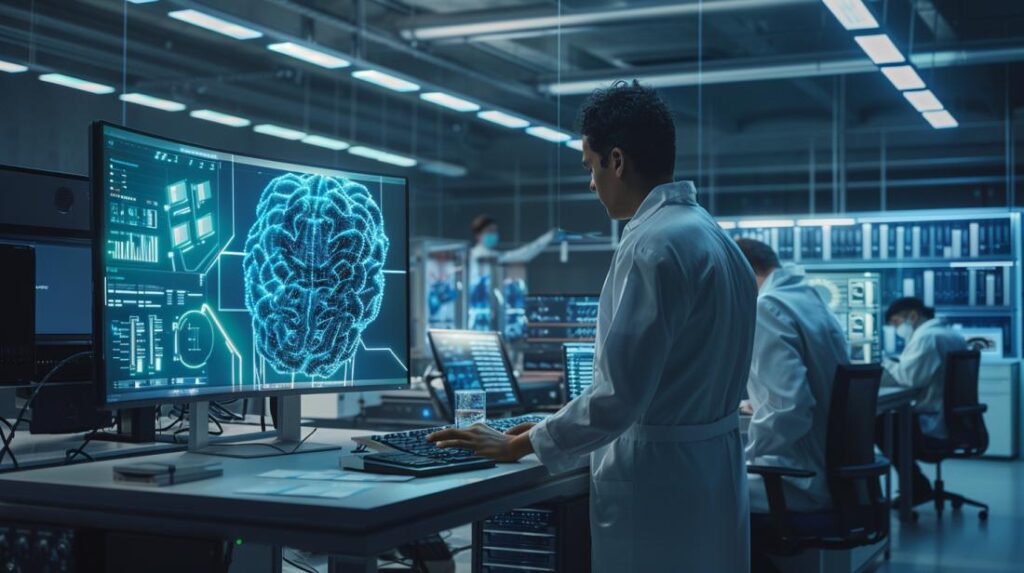 Fotografia hiper-realista de um laboratório de pesquisa em IA com equipe diversificada trabalhando.