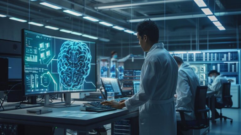 Fotografia hiper-realista de um laboratório de pesquisa em IA com equipe diversificada trabalhando.