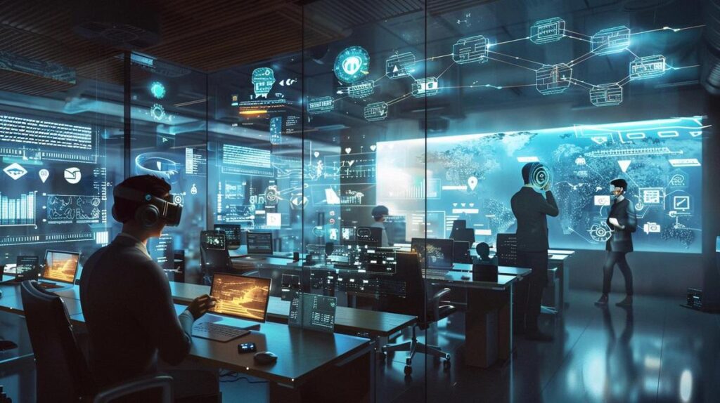 Fotografia hiper-realista de um escritório moderno, repleto de dispositivos IoT e intensa colaboração.