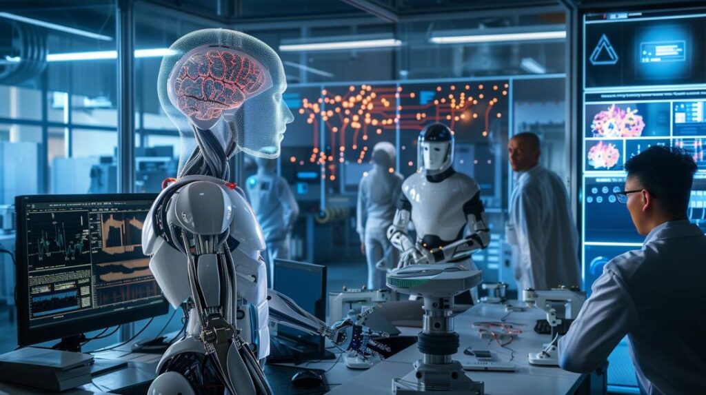Fotografia hiper-realista de laboratório de IA da Google com engenheiros colaborando intensamente e robô humanoide.