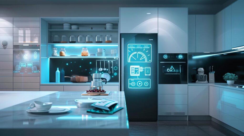 Cozinha moderna com dispositivos IoT inteligentes funcionando, incluindo geladeira e cafeteira automáticas.