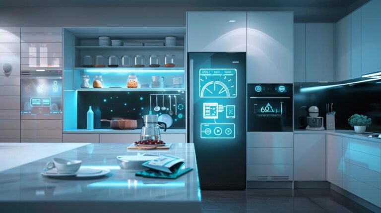 Cozinha moderna com dispositivos IoT inteligentes funcionando, incluindo geladeira e cafeteira automáticas.