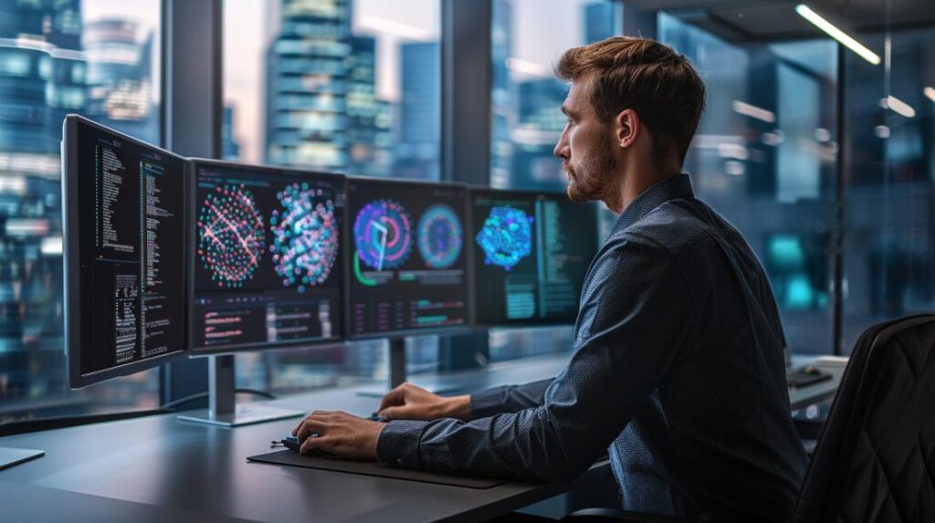 Fotografia hiperrealista de cientista de dados analisando algoritmos de machine learning em escritório moderno.