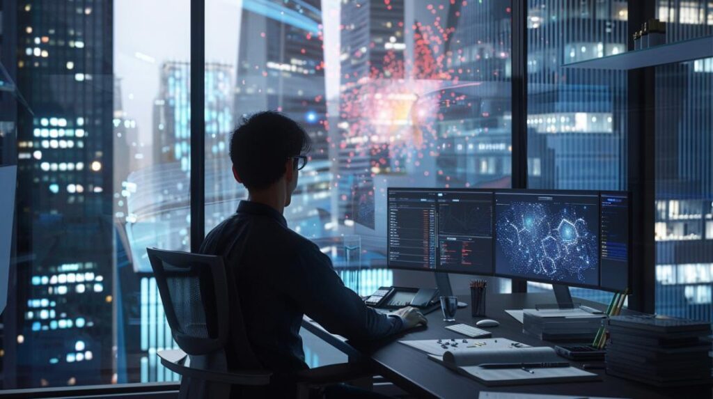 Cientista de dados preparando dataset em ambiente moderno, com monitores 4K e luz natural.