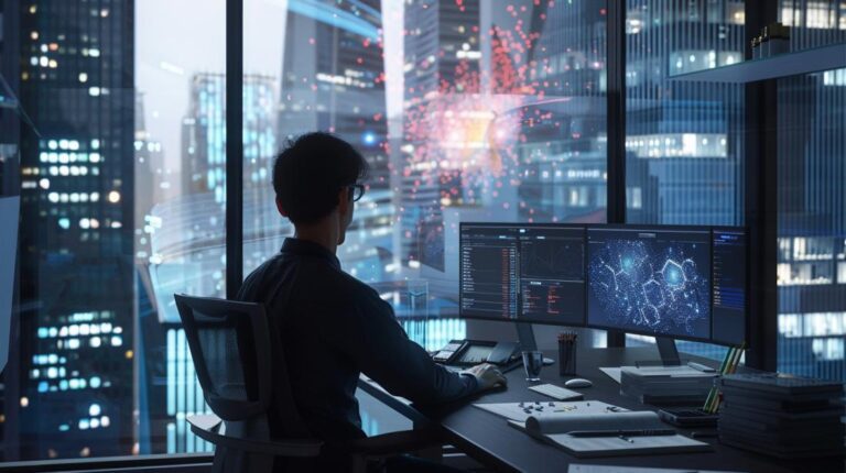 Cientista de dados preparando dataset em ambiente moderno, com monitores 4K e luz natural.