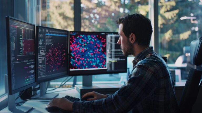 Cientista de dados concentrado explorando repositório de aprendizado de máquina em um escritório moderno, iluminado.