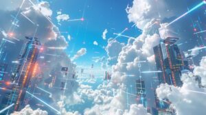 Fotografia de cidade futurista nas nuvens, destacando servidores interligados por fluxos de dados luminosos.