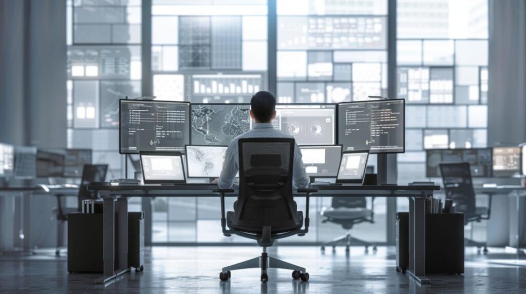 Fotografia hiper-realista de um workspace moderno com dispositivos integrados via computação em nuvem.