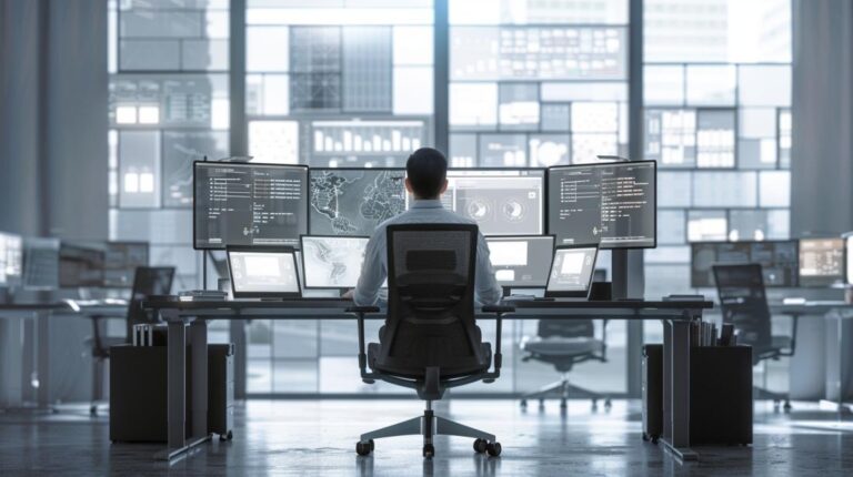Fotografia hiper-realista de um workspace moderno com dispositivos integrados via computação em nuvem.
