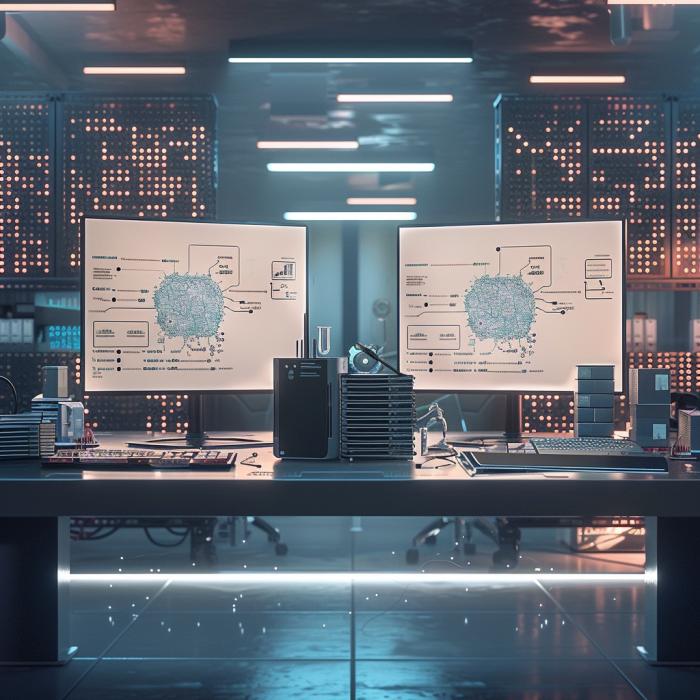 Foto hiper-realista comparando estações de trabalho de aprendizado de máquina e aprendizado profundo em laboratório tecnológico.