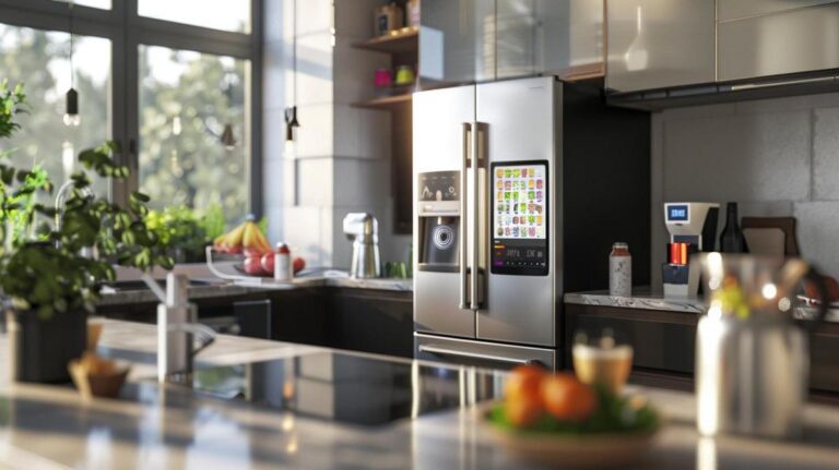 Fotografia hiper-realista de uma cozinha moderna com dispositivos IoT interconectados e funcionando.
