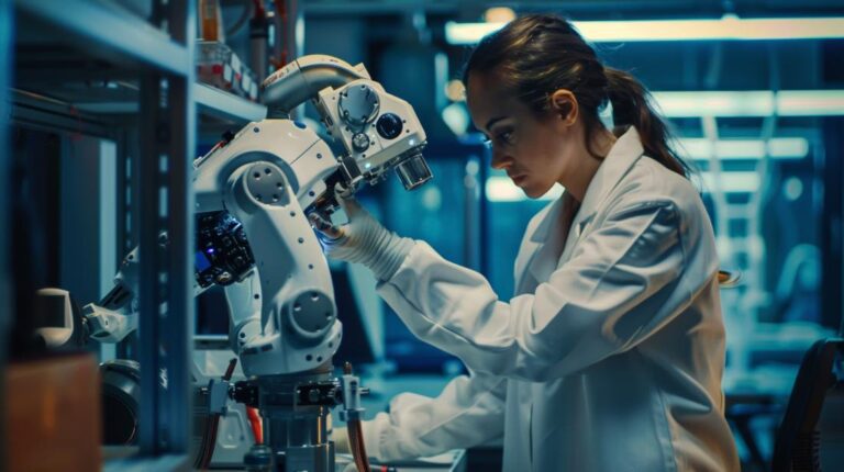 Equipe diversificada de engenheiros ajusta robô de ponta em moderno laboratório em Portugal.