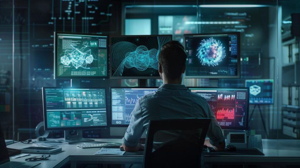 Engenheiro de machine learning concentrado, trabalhando em estação de trabalho sofisticada com múltiplos monitores e algoritmos complexos.