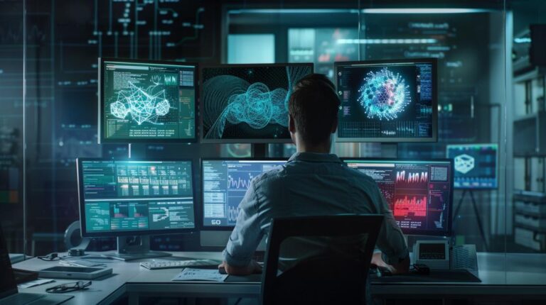 Engenheiro de machine learning concentrado, trabalhando em estação de trabalho sofisticada com múltiplos monitores e algoritmos complexos.