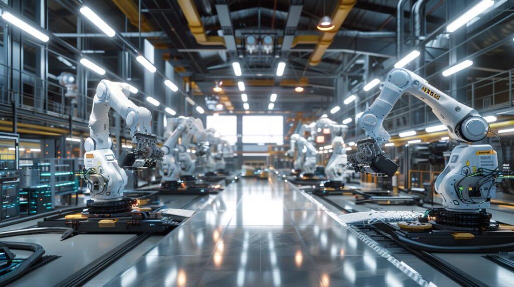Braços robóticos montando máquinas complexas em fábrica de última geração, destacando a era automotiva.