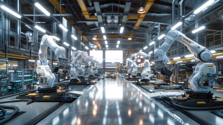 Braços robóticos montando máquinas complexas em fábrica de última geração, destacando a era automotiva.