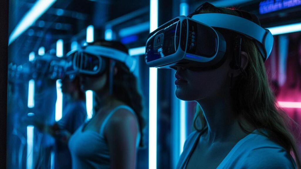 Participantes imersos em uma experiência de escape room de realidade virtual hiper-realista.