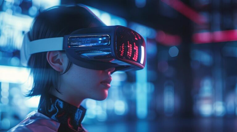 Usuário imerso em ambiente avançado de realidade virtual, expressando admiração; hologramas vibrantes.