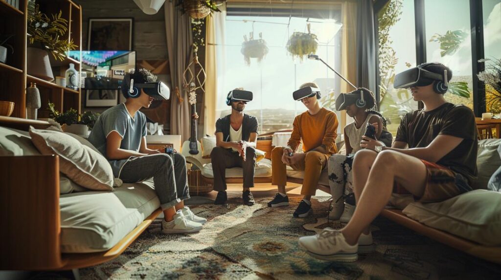 Fotografia hiperrealista de pessoas usando headsets de VR em atividades de trabalho, educação e fitness.