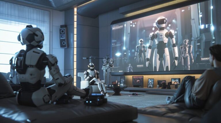 Cena futurista de cinéfilos robôs assistindo filmes clássicos em sala moderna e minimalista.