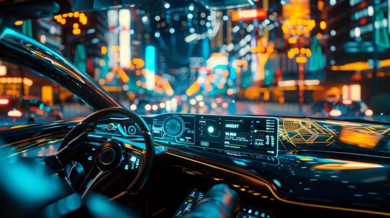 Fotografia hiper-realista de carro futurista com navegação GPS AI, drones e veículos autônomos.