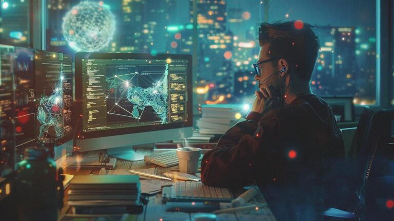 Engenheiro de Machine Learning concentrado em algoritmos complexos e redes neurais em moderno escritório tech.